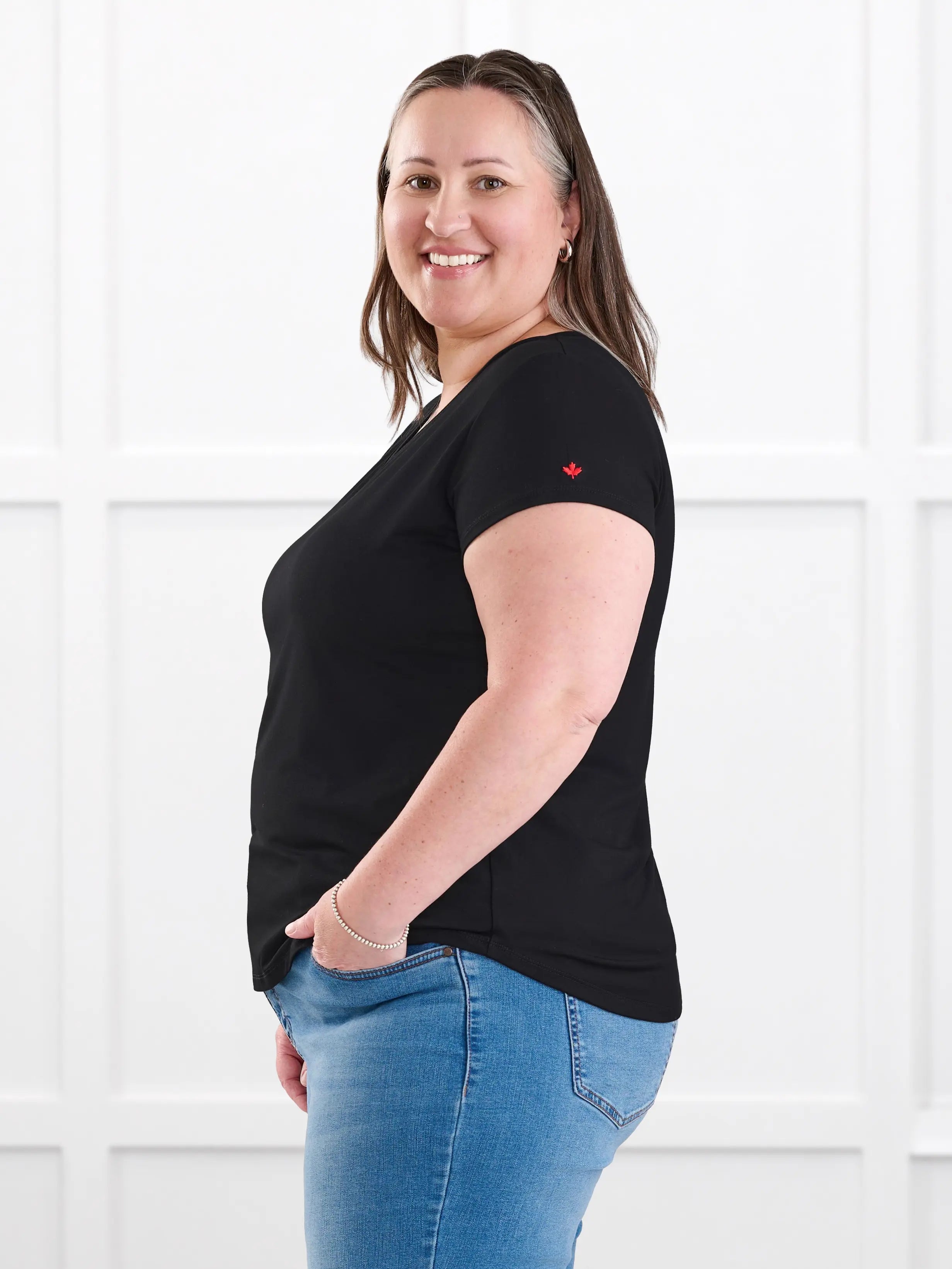 Sutton v neck maple leaf sleeve tee special edition for women in Black with red leaf on model Cristina, size XXL @Cristina-XXL