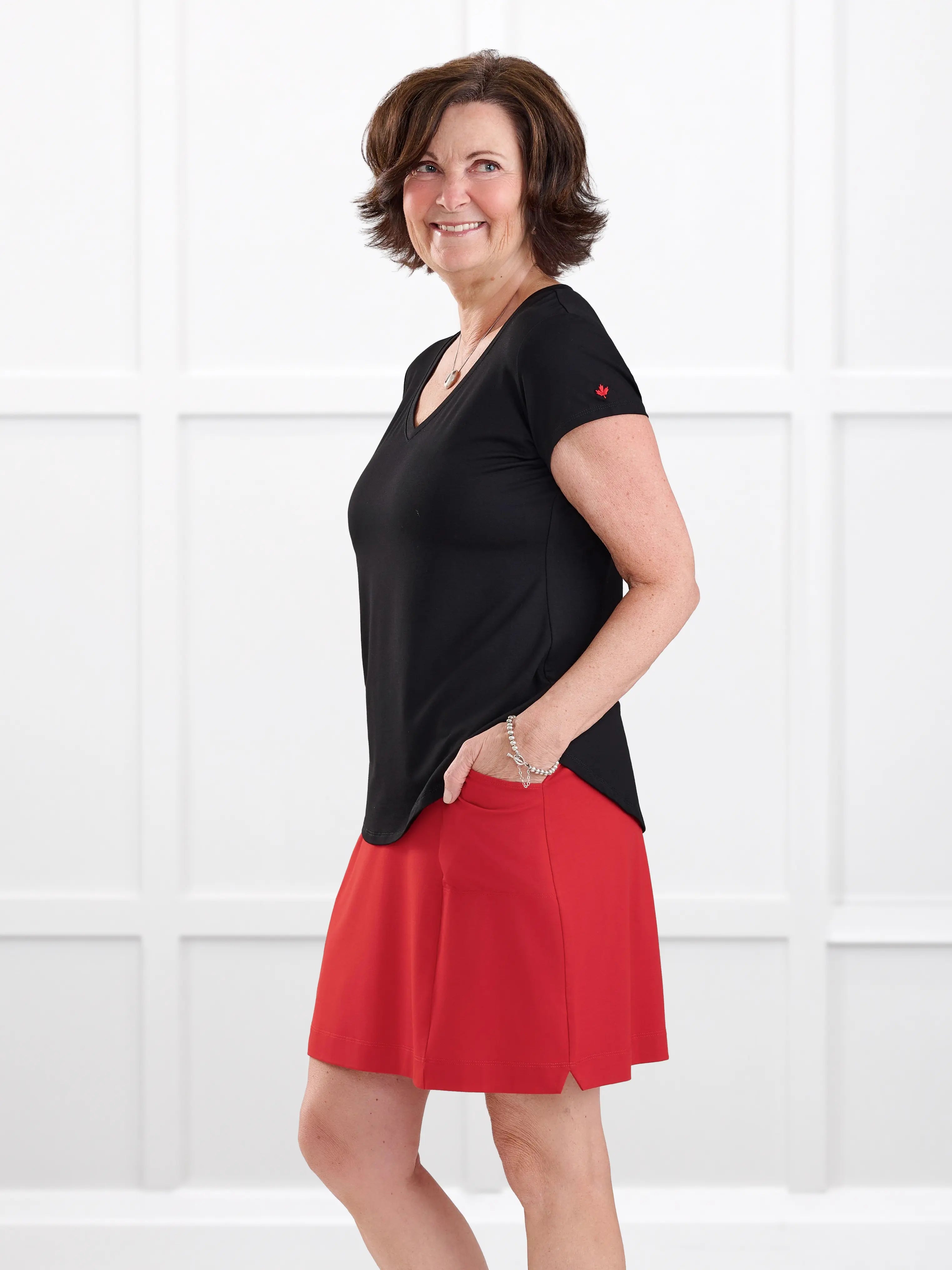 Sutton v neck maple leaf sleeve tee special edition for women in Black with red leaf on model Donna, size S @Donna-S