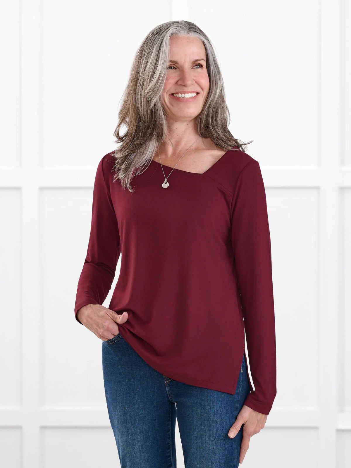 Tanna asymmetrical neckline top for women in Merlot on model Jen, size XS @Jen-XS