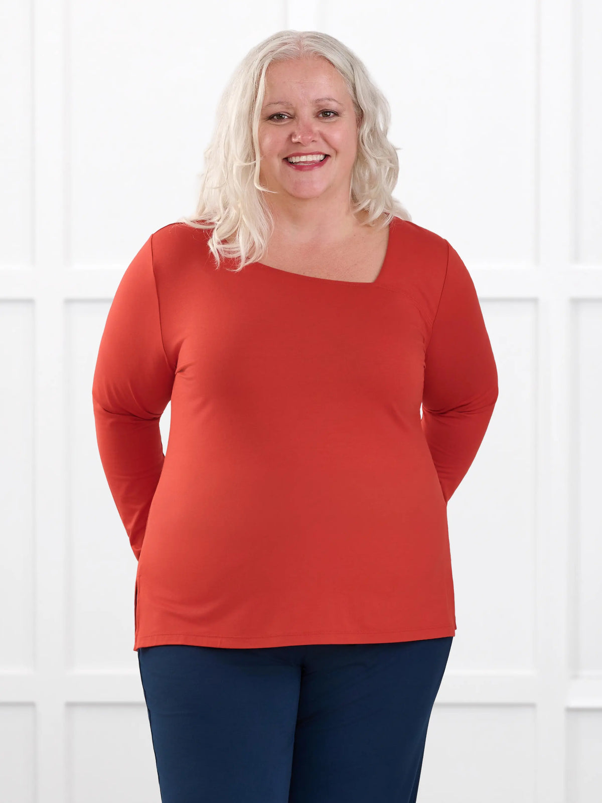 Tanna asymmetrical neckline top for women in Terracotta on model Colleen, size XXL @Colleen-XXL