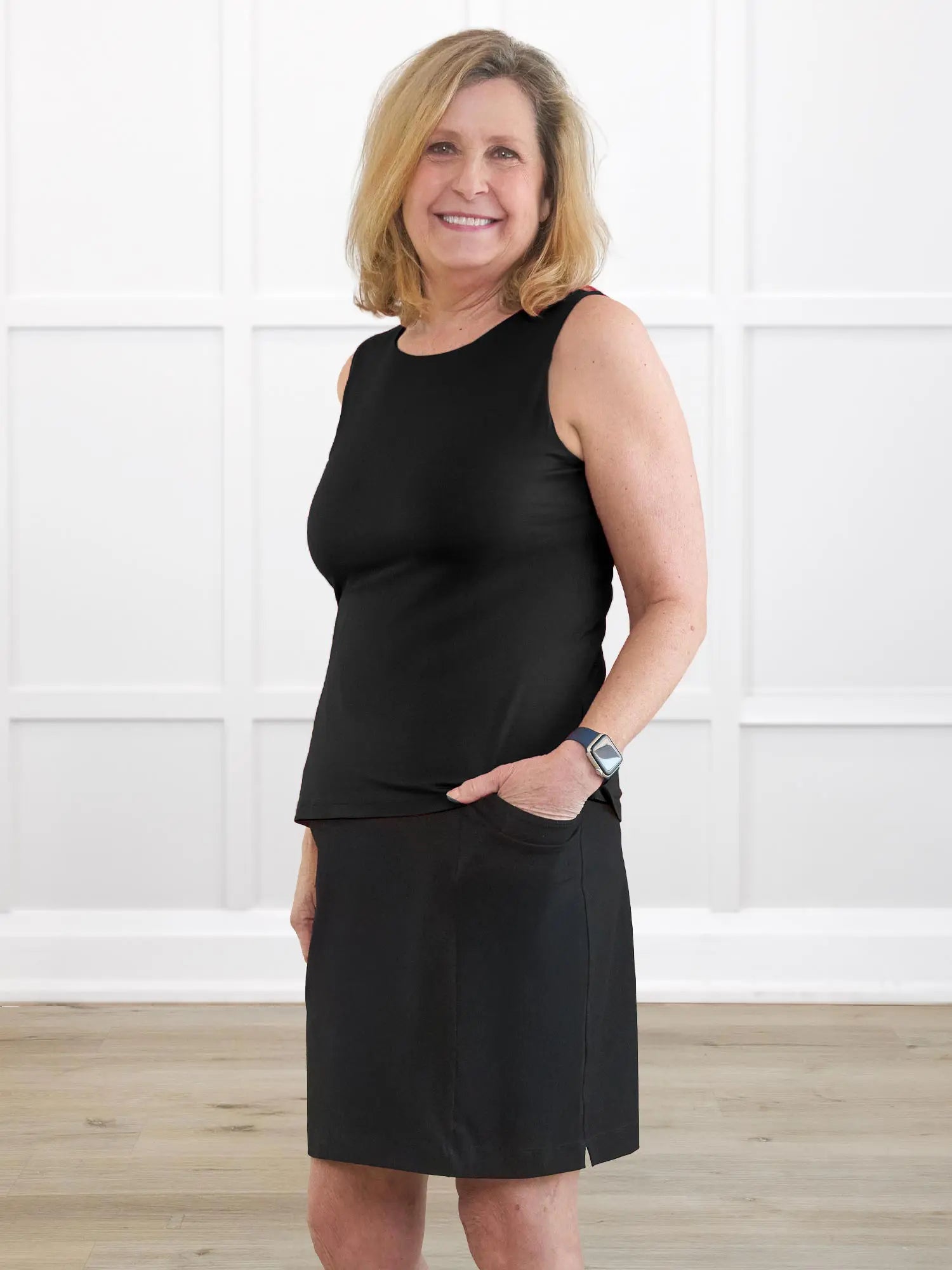 Tessa high waisted pocket skort for women in Black on model Carolyn, size L Long @Carolyn-L-long