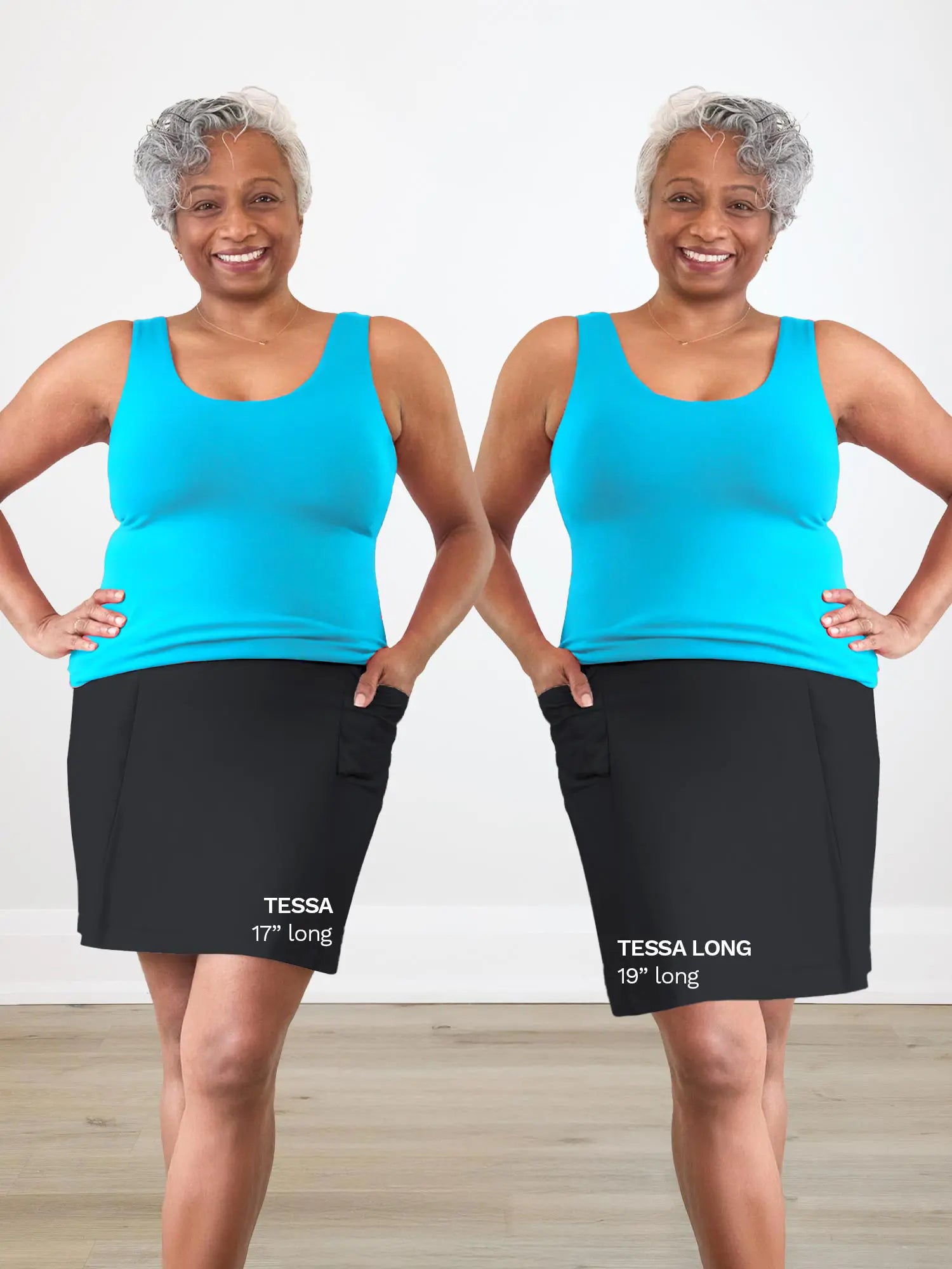 Tessa high waisted pocket skort for women in Black on model Keethai, size M @Keethai-M