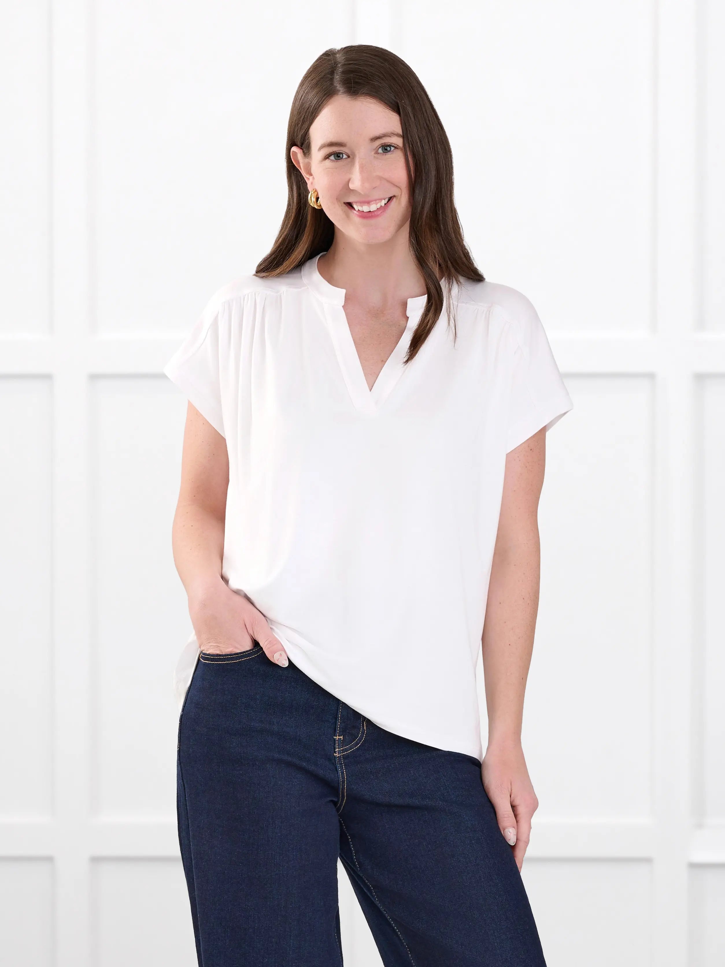 Triana ruched v neck dolman top for women in White on model Jo, size XS @Jo-XS