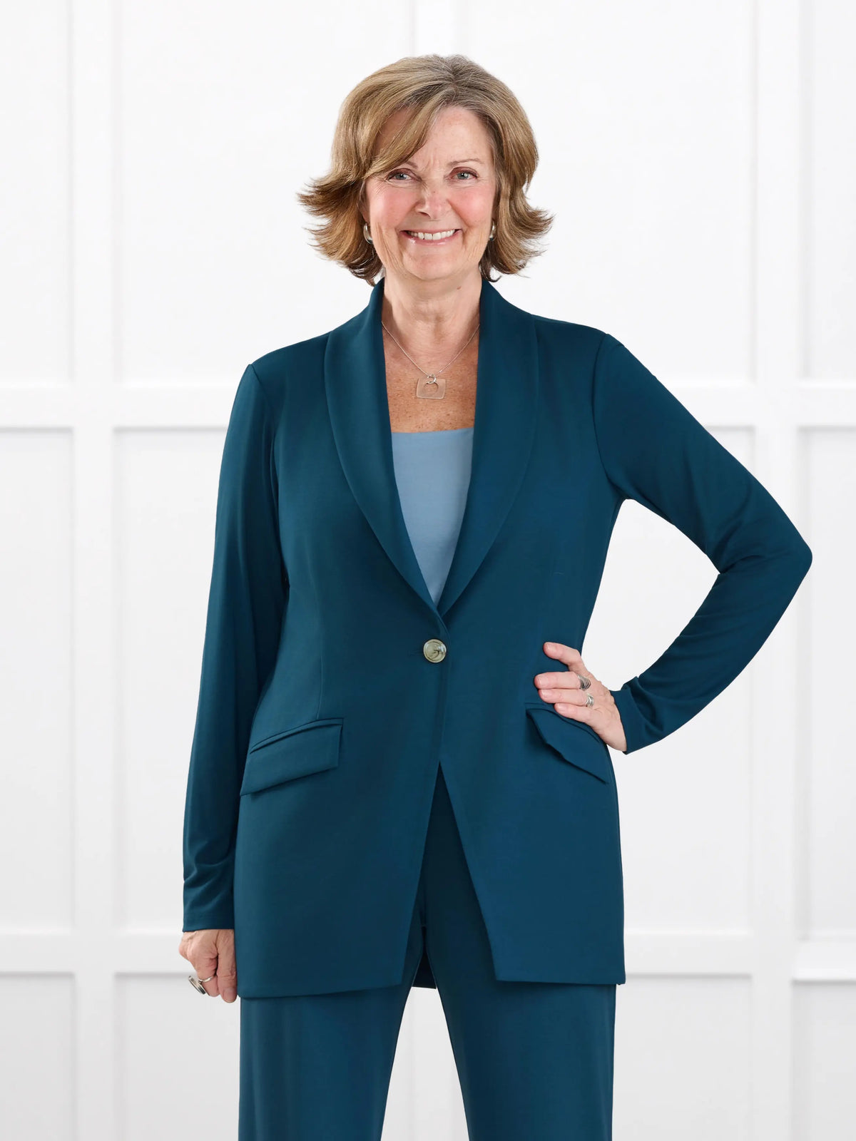 Trina relaxed tailored long blazer for women in Atlantic on model Donna, size S @Donna-S