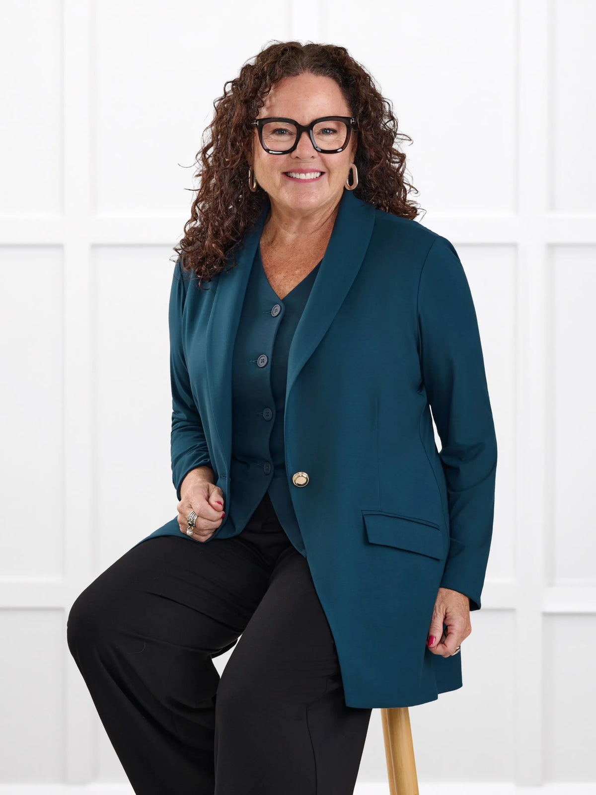 Trina relaxed tailored long blazer for women in Atlantic on model Kerri, size M @Kerri-M