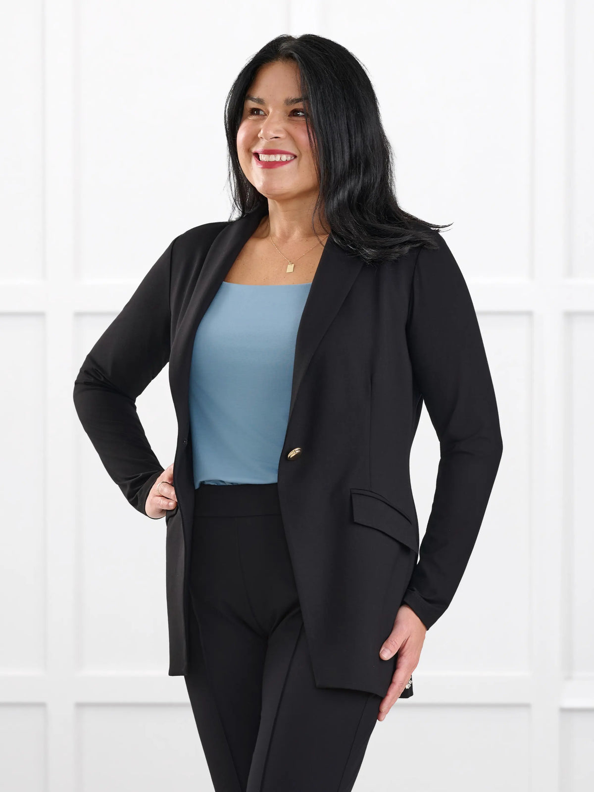 Trina relaxed tailored long blazer for women in Black on model Jenn, size M @Jenn-M