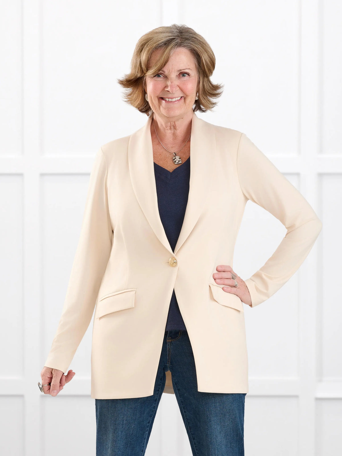 Trina relaxed tailored long blazer for women in Shortbread on model Donna, size S @Donna-S