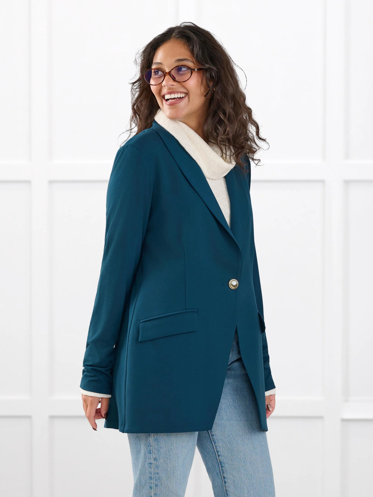 Trina relaxed tailored long blazer for women in Atlantic on model Meron, size XS @Meron-XS