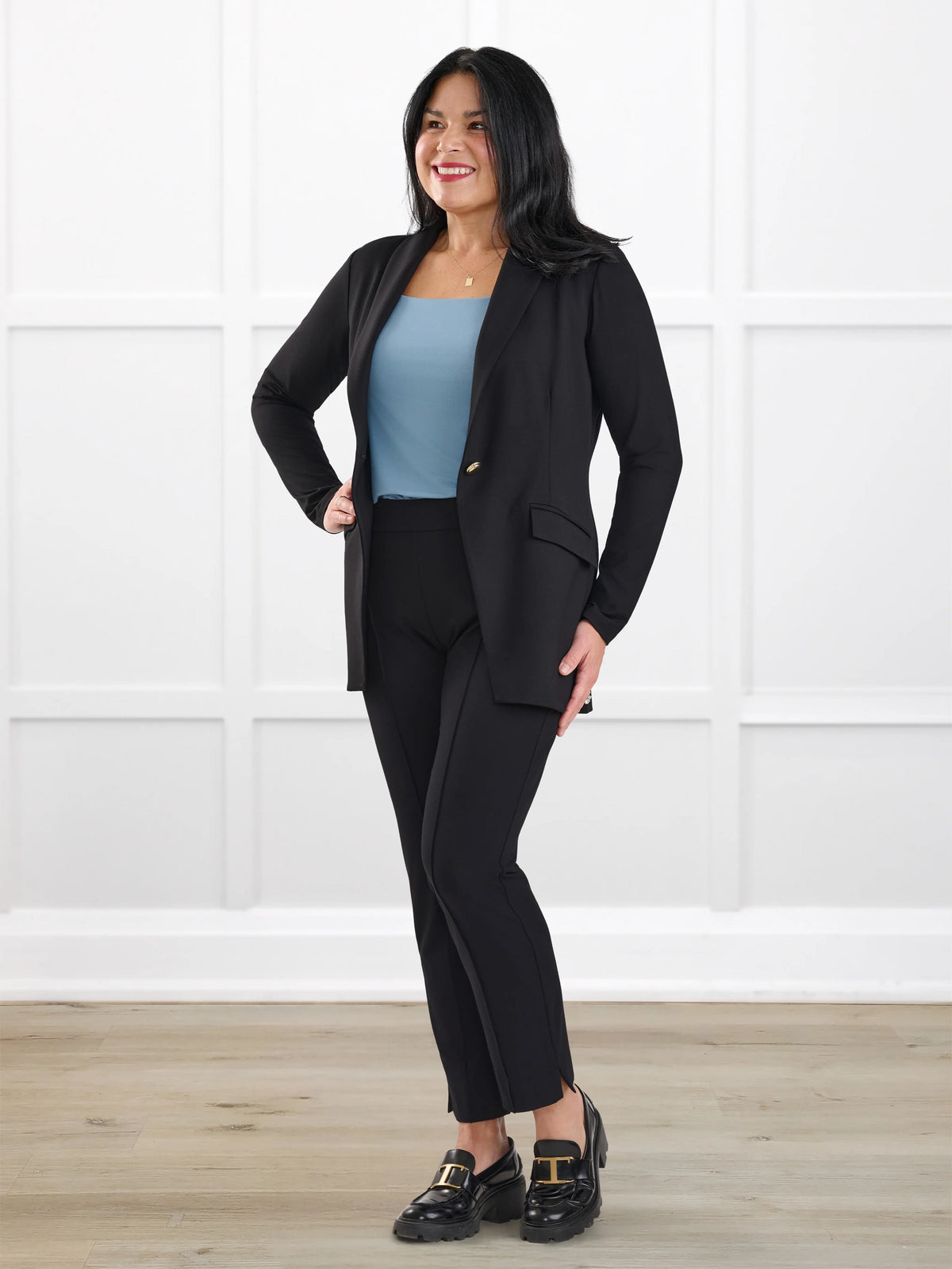Trina relaxed tailored long blazer for women in Black on model Jenn, size M @Jenn-M