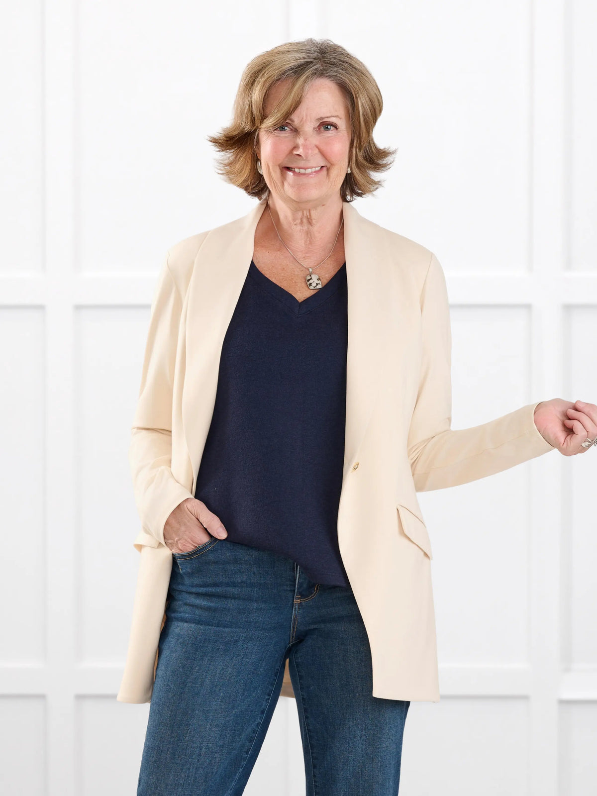 Trina relaxed tailored long blazer for women in Shortbread on model Donna, size S @Donna-S