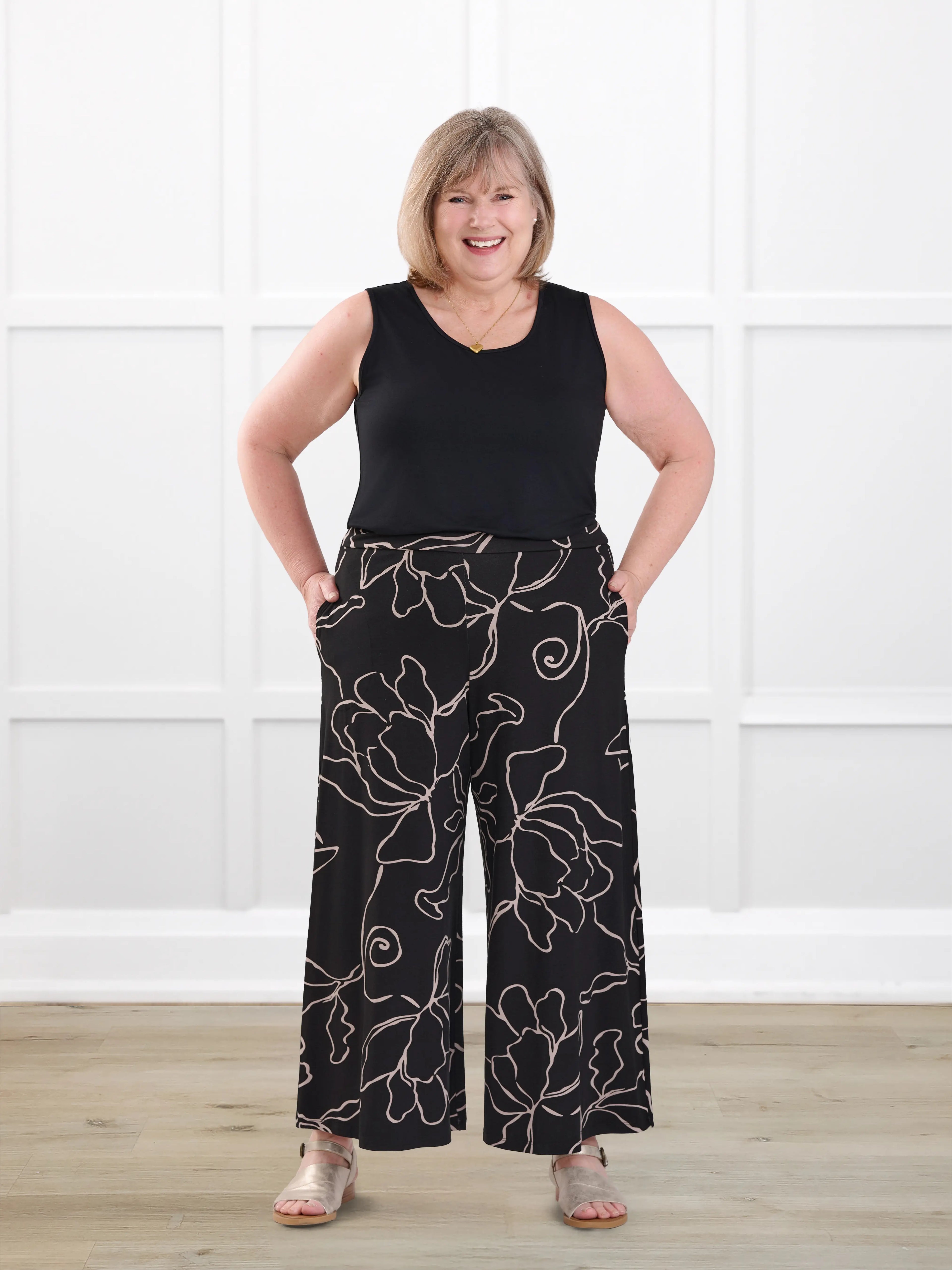 Valencia capri palazzo pocket pant for women in Contour floral on model Laurie, size XL Regular @Laurie-XL-regular