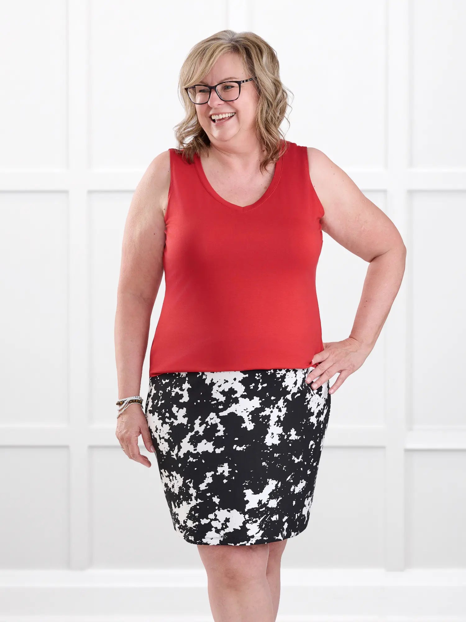 Vida pull on pencil skirt for women in Moo’d bloom on model Deb, size XL @Deb-XL