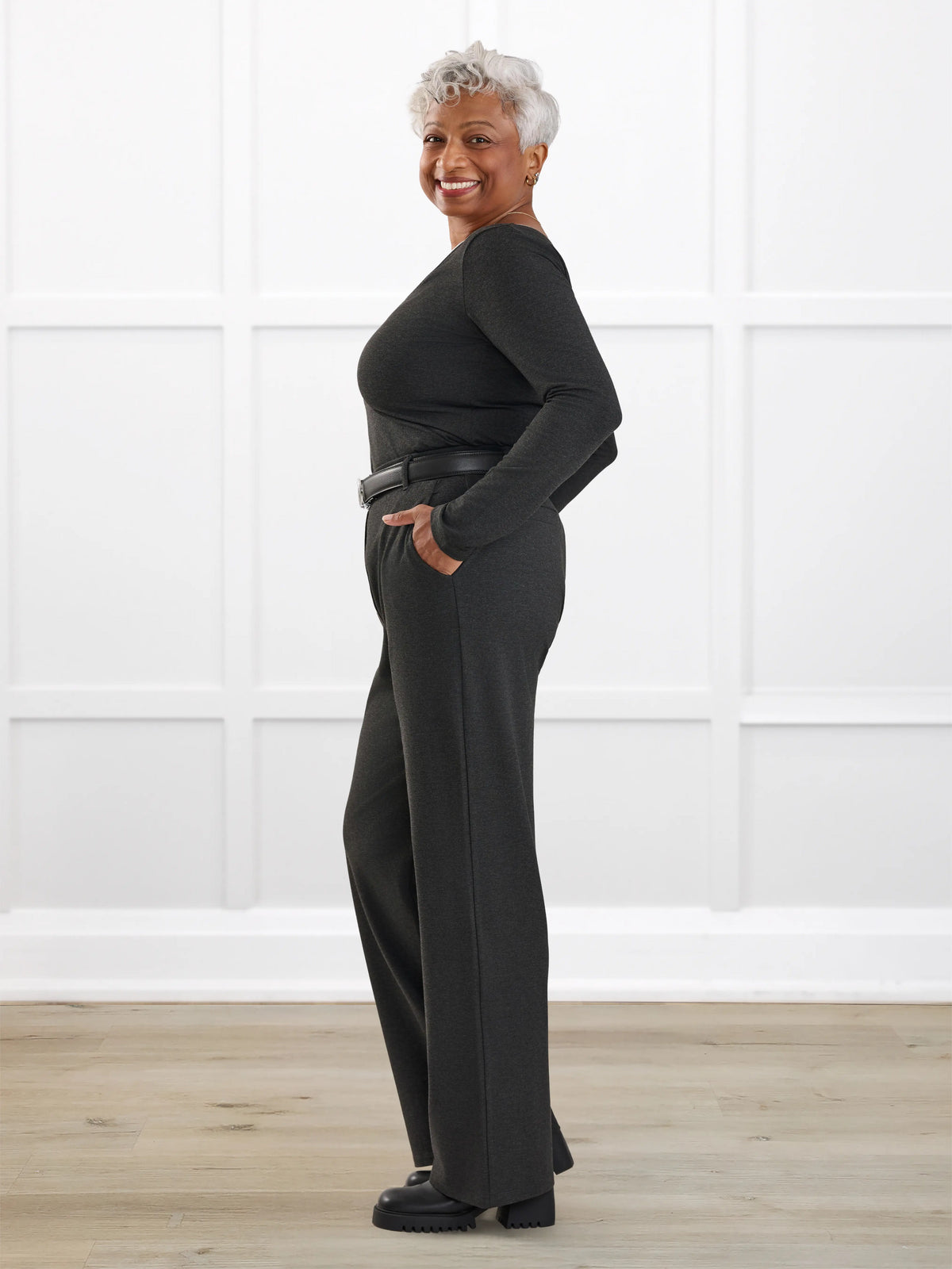 Viviana high waisted straight leg pant for women in Charcoal on model Keethai, size M @Keethai-M
