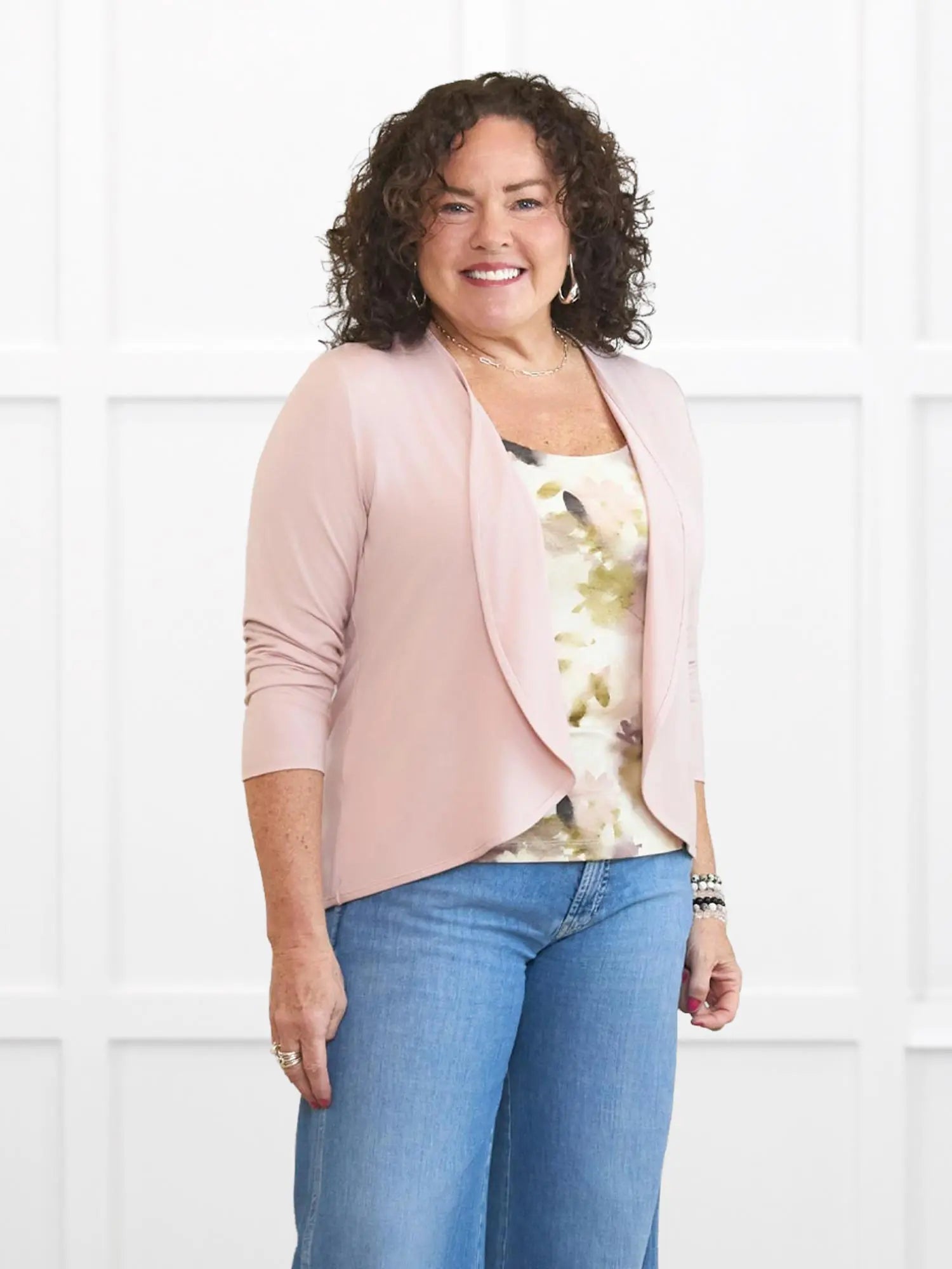 Wesley cropped waterfall cardigan for women in Ballet pink on model Kerri, size M @Kerri-M