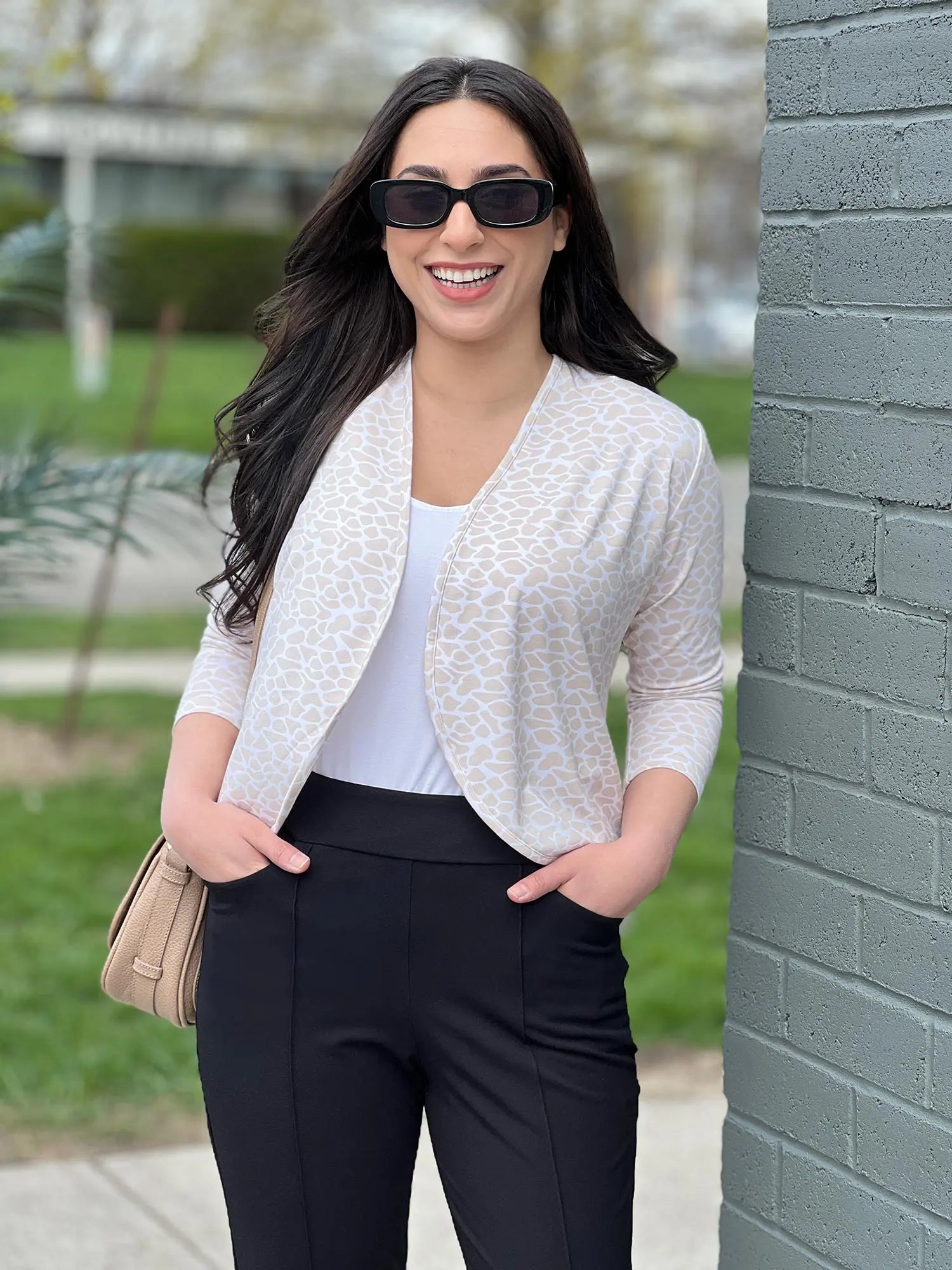 Wesley cropped waterfall cardigan for women in Cobblestone on model Yasmine, size XS @Yasmine-XS