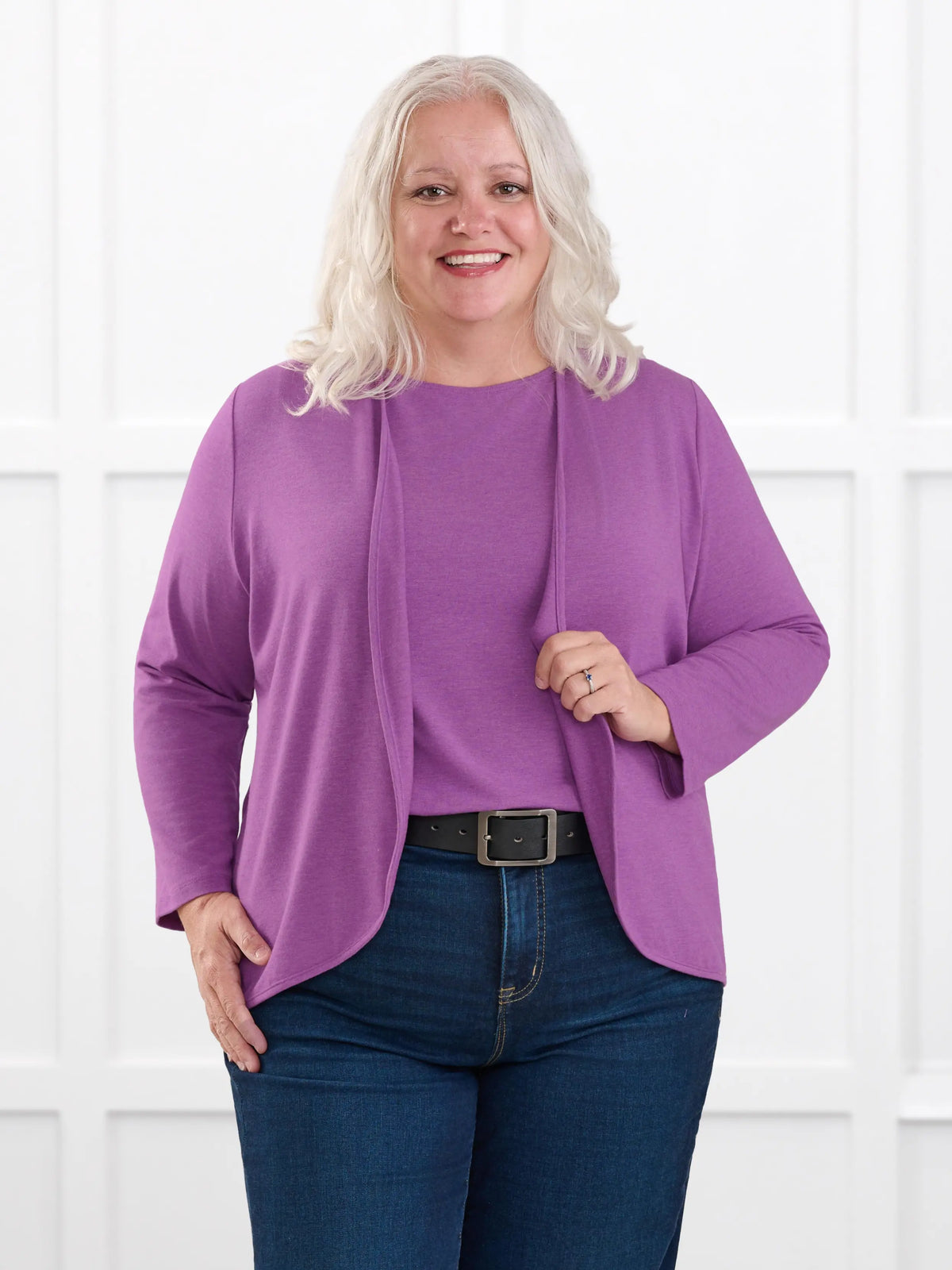 Wesley cropped waterfall cardigan for women in Lupin melange on model Colleen, size XXL @Colleen-XXL