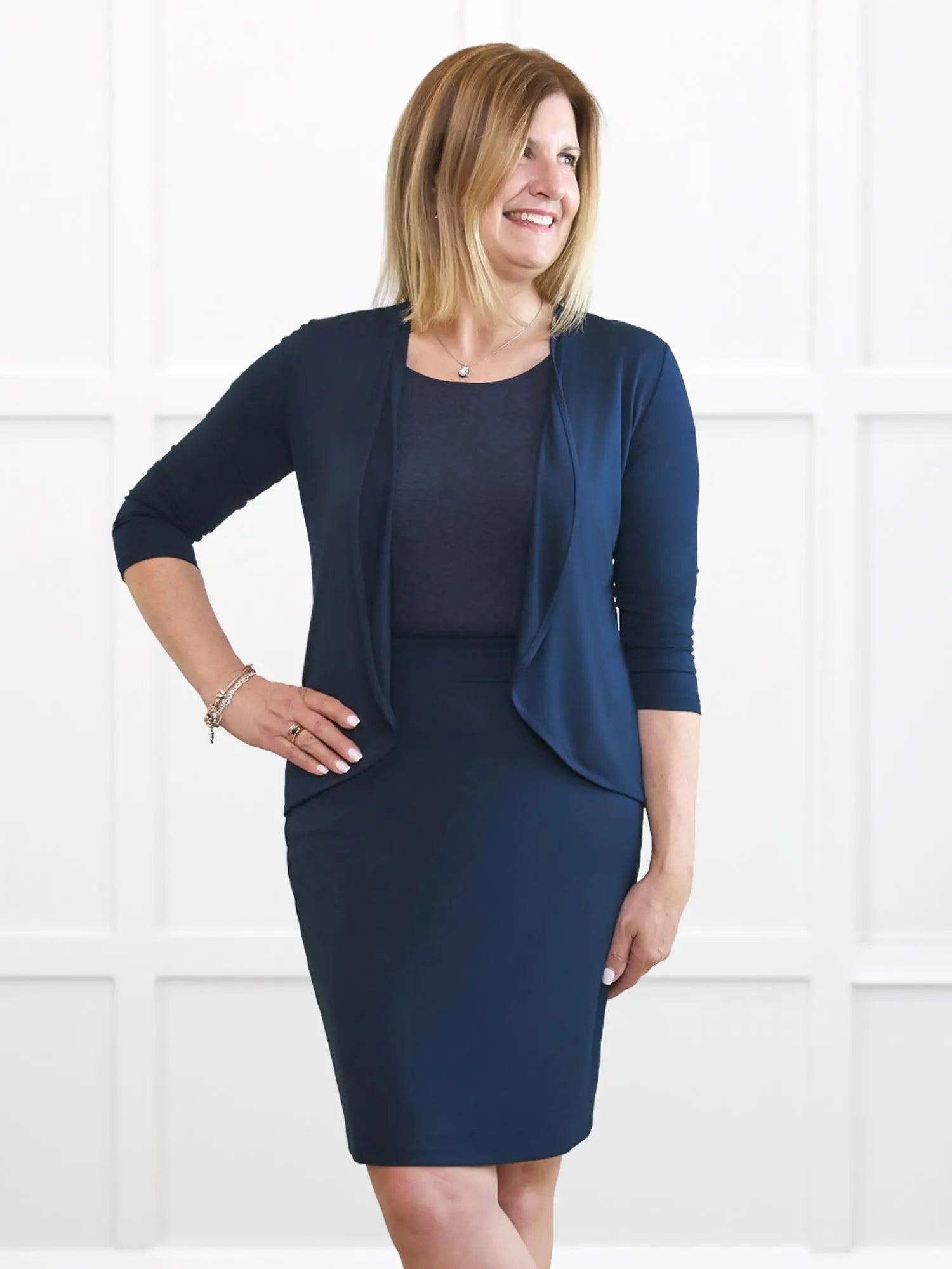 Wesley cropped waterfall cardigan for women 00 in Navy on model Natasha, size S @Natasha-S