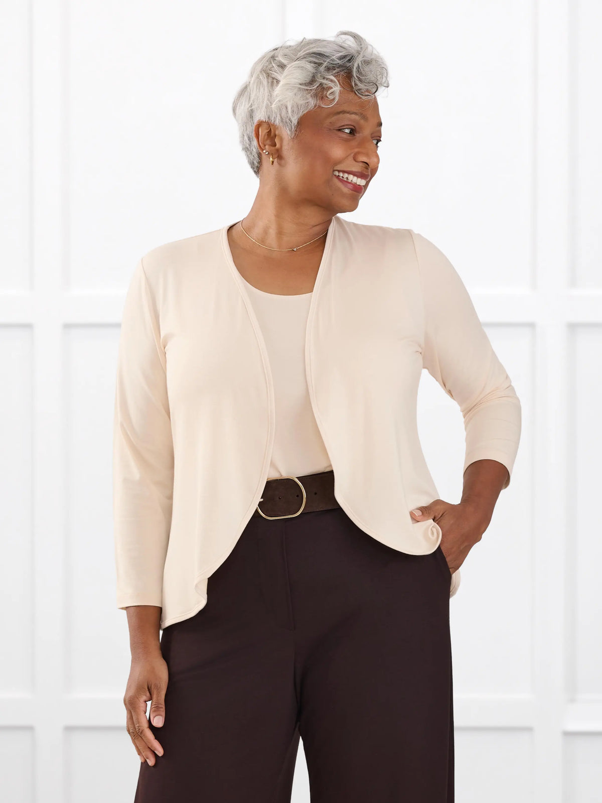 Wesley cropped waterfall cardigan for women in Shortbread on model Keethai, size M @Keethai-M