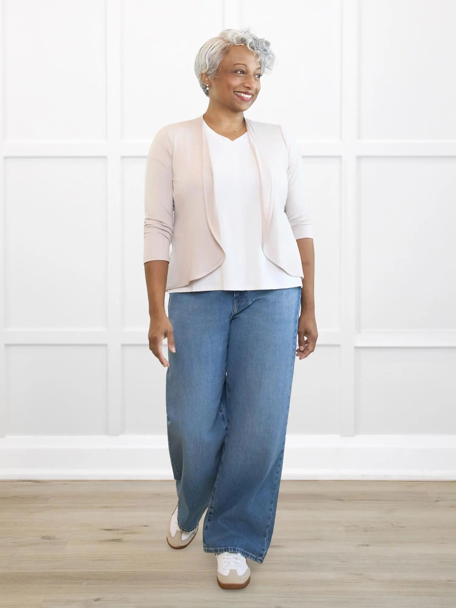 Wesley cropped waterfall cardigan for women in Sandstone on model Keethai, size M @Keethai-M