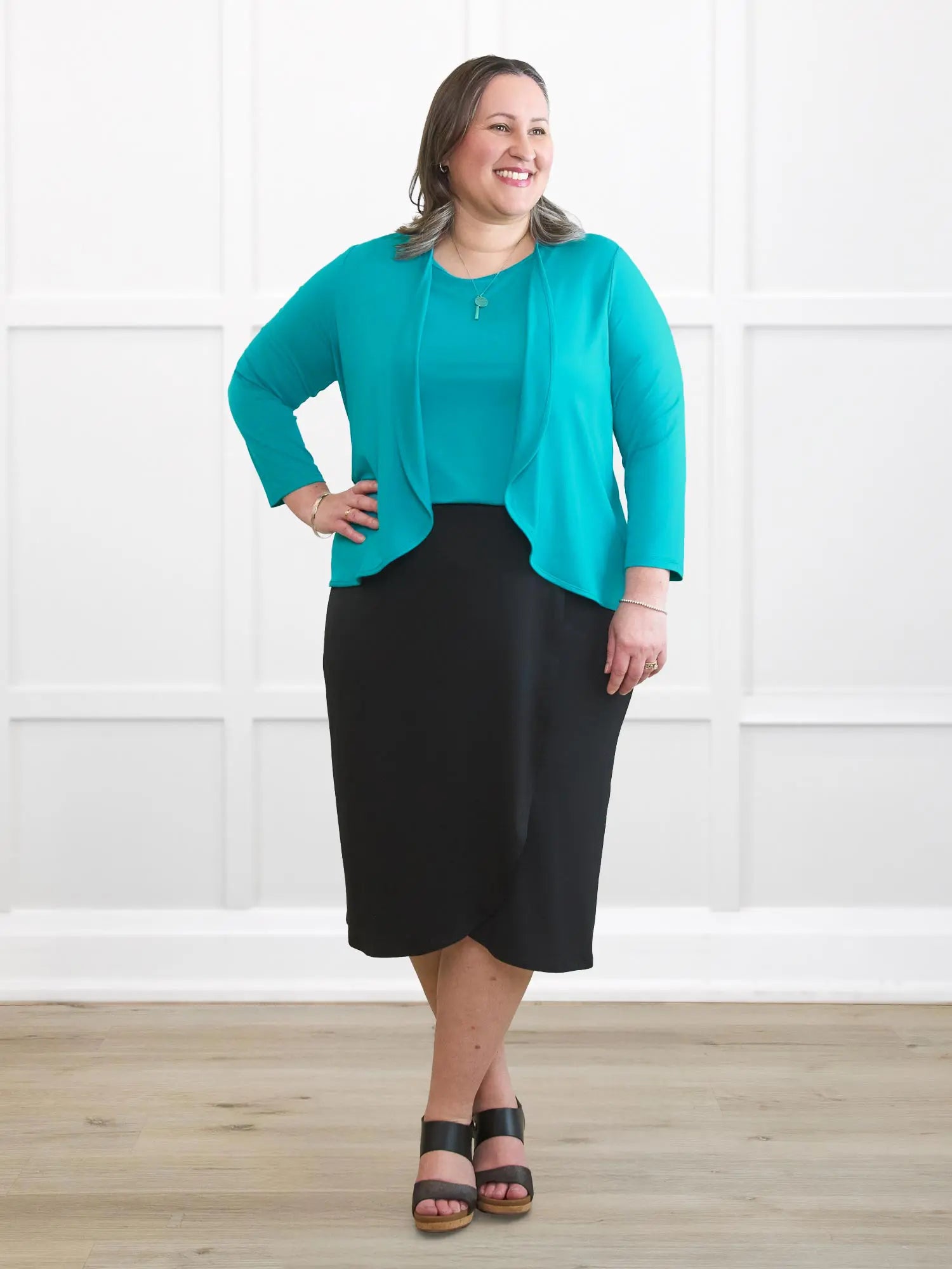 Wesley cropped waterfall cardigan for women in Sea glass on model Cristina, size XXL @Cristina-XXL