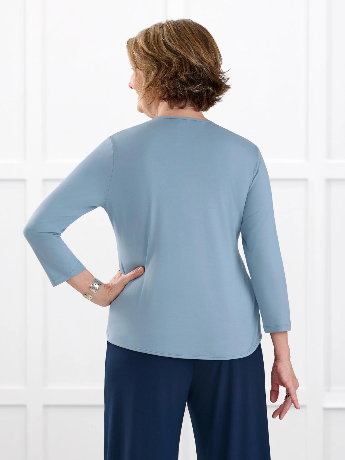Wesley cropped waterfall cardigan for women in Steel blue on model Donna, size S @Donna-S