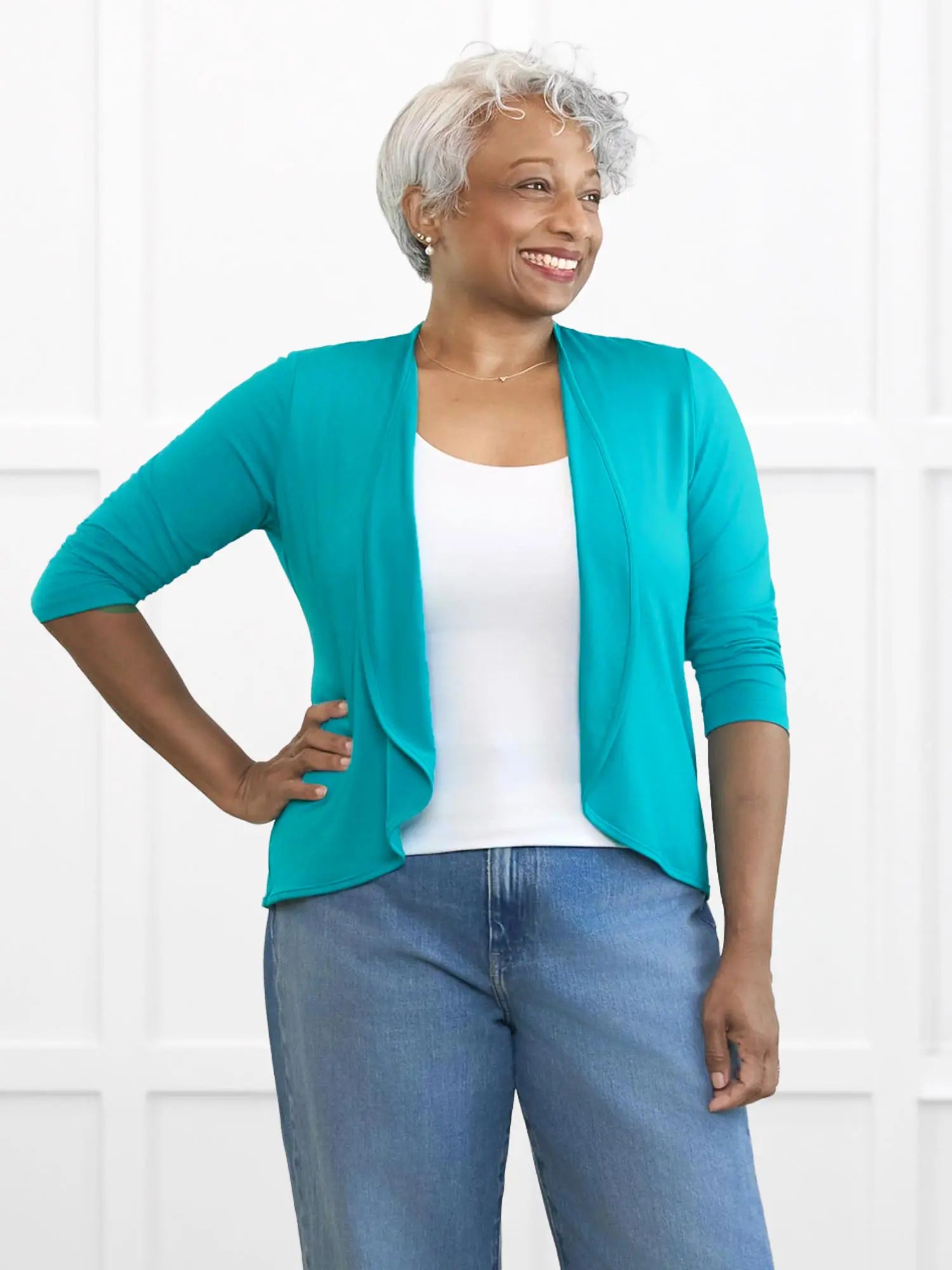 Wesley cropped waterfall cardigan for women in Sea glass on model Keethai, size M @Keethai-M