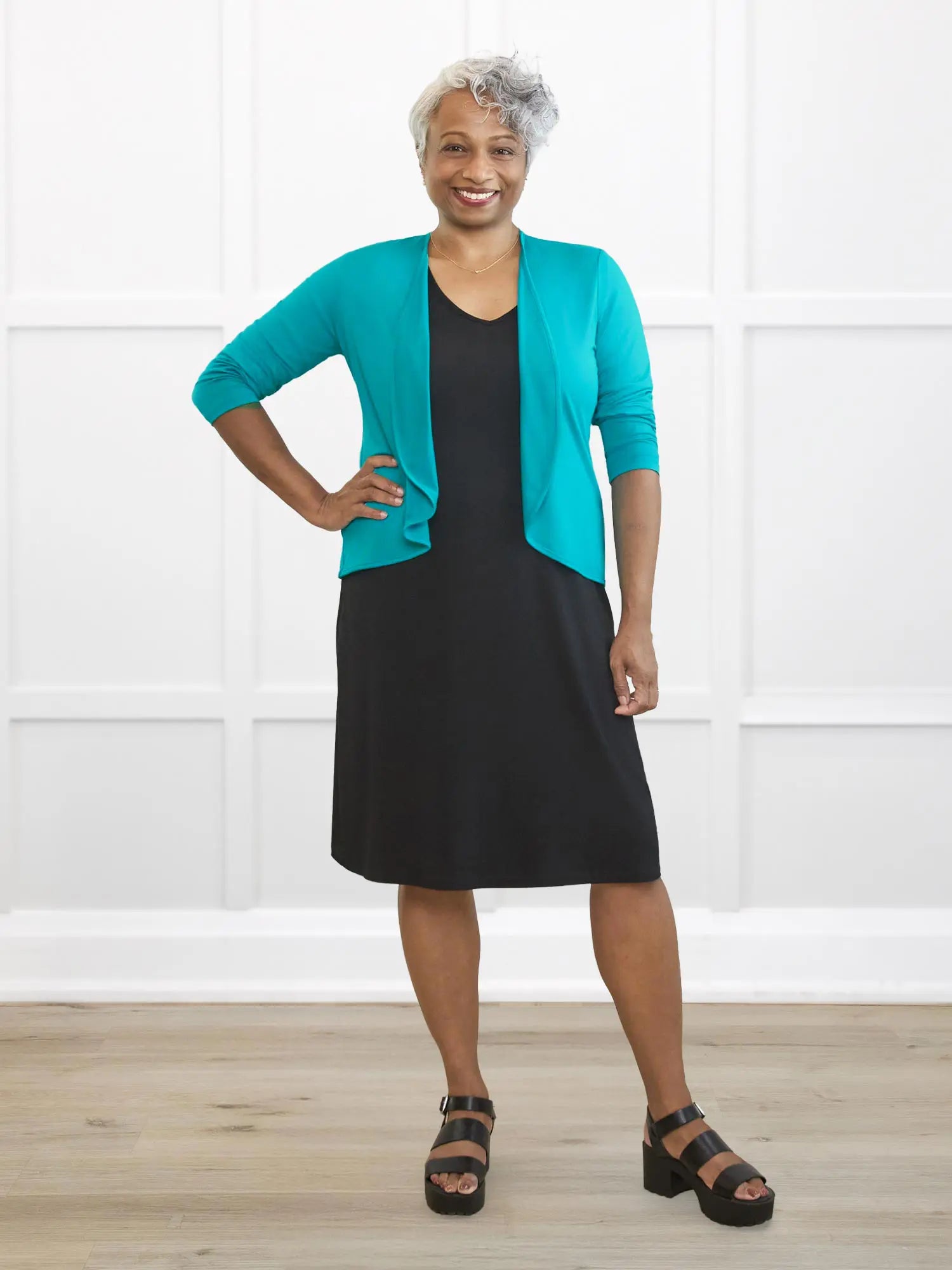 Wesley cropped waterfall cardigan for women in Sea glass on model Keethai, size M @Keethai-M