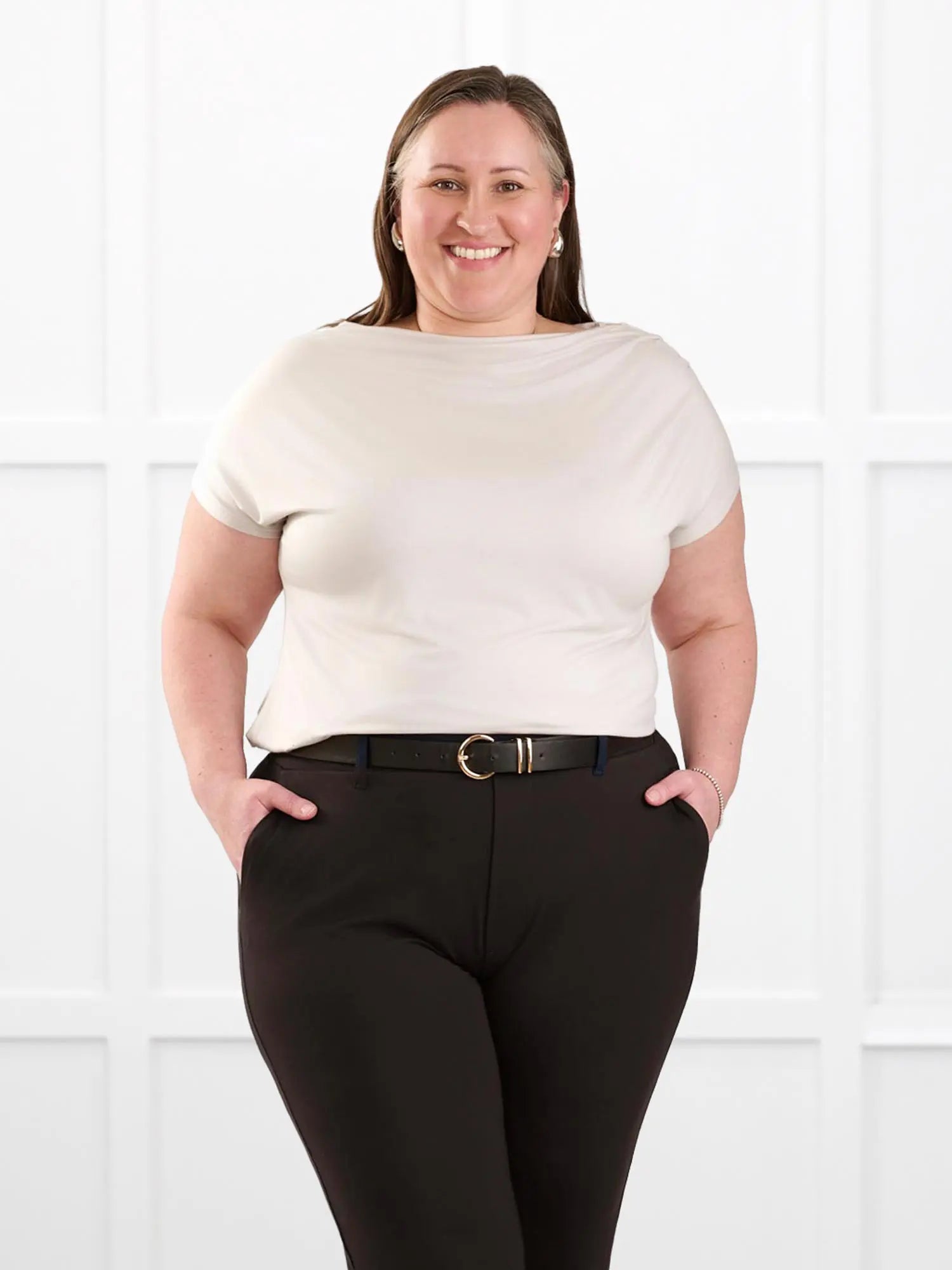 Yuna draped reversible neckline top for women in Sandstone on model Cristina, size XXL @Cristina-XXL