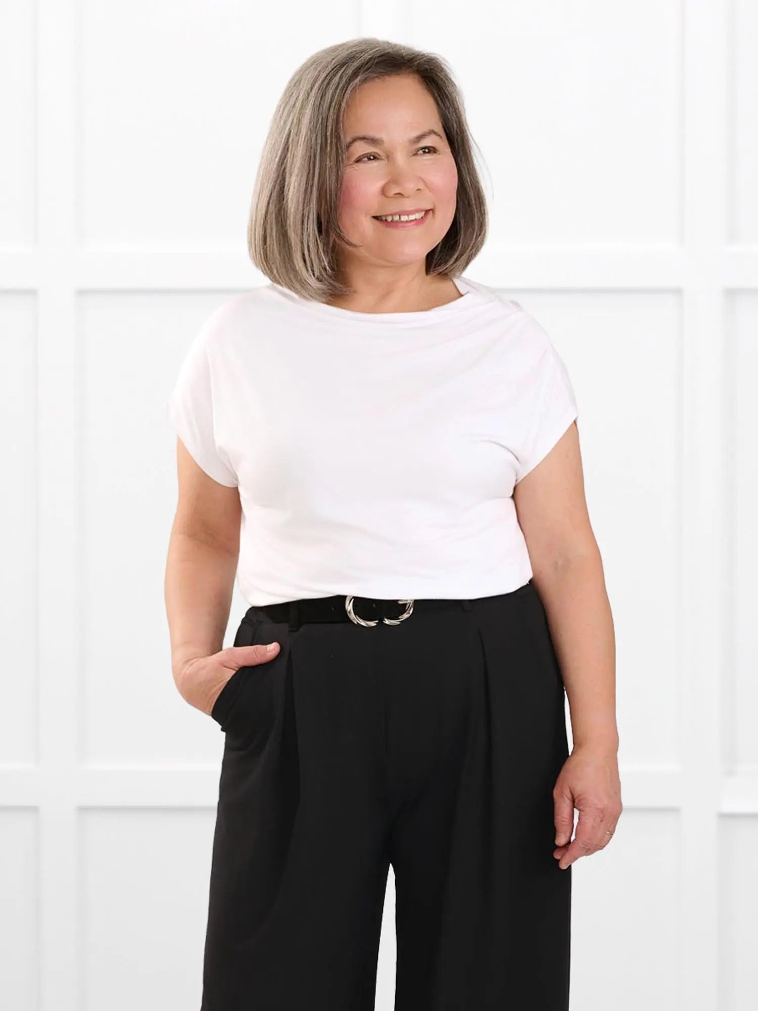 Yuna draped reversible neckline top for women in White on model Terry, size S @Terry-S