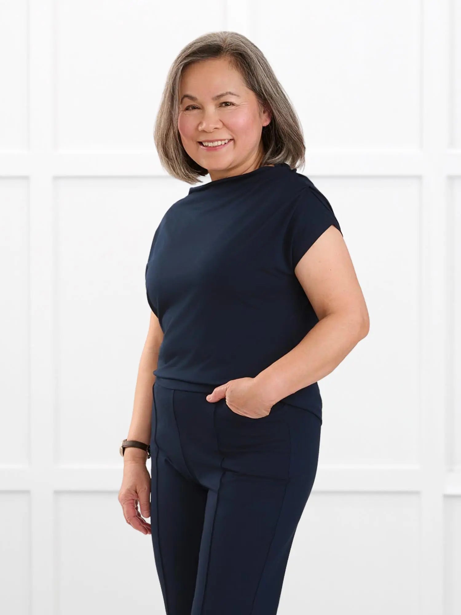 Yuna draped reversible neckline top for women in Navy on model Terry, size S @Terry-S