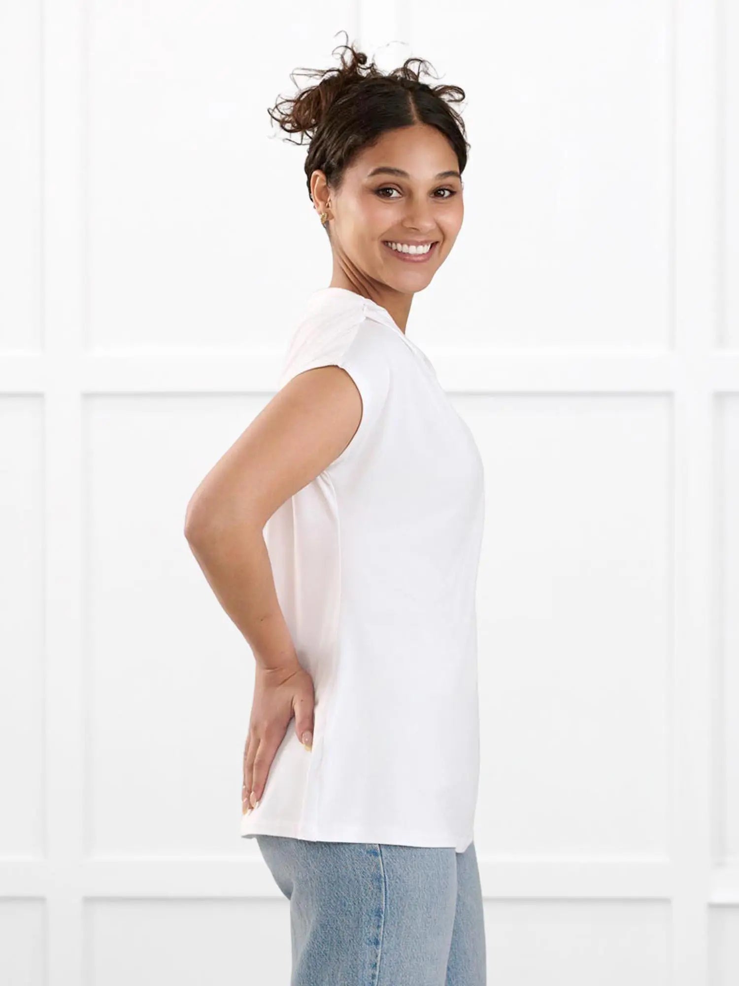 Yuna draped reversible neckline top for women in White on model Meron, size XS @Meron-XS
