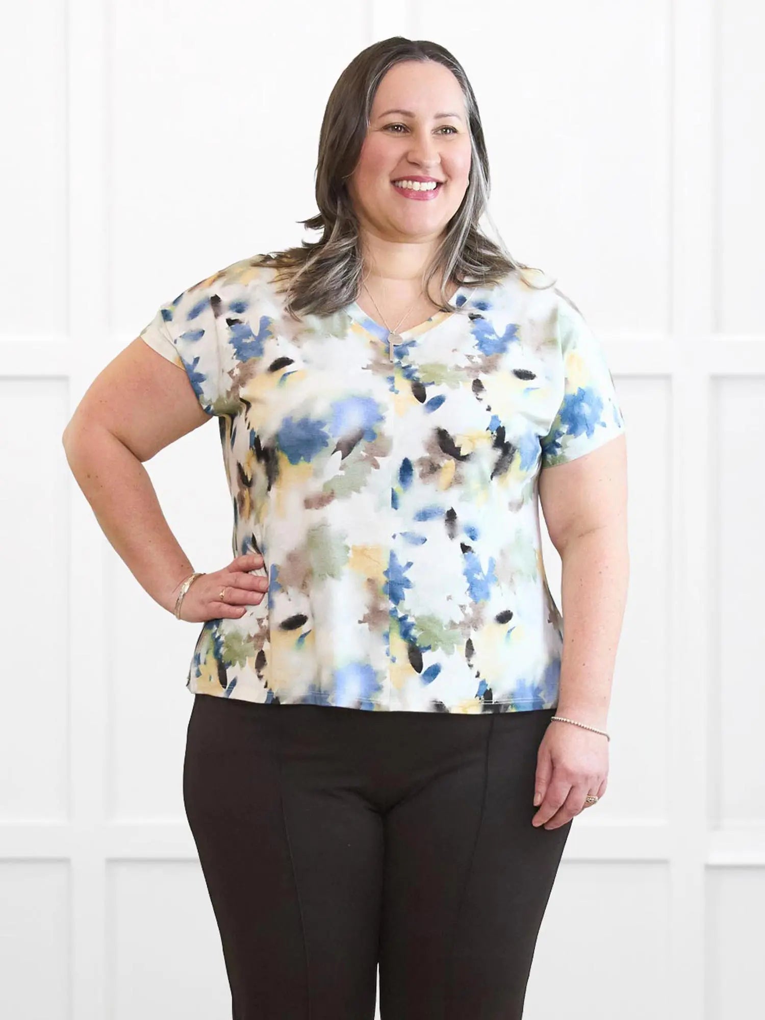 Zyla v neck dolman top for women 00 in Morning dew on model Cristina, size XXL @Cristina-XXL