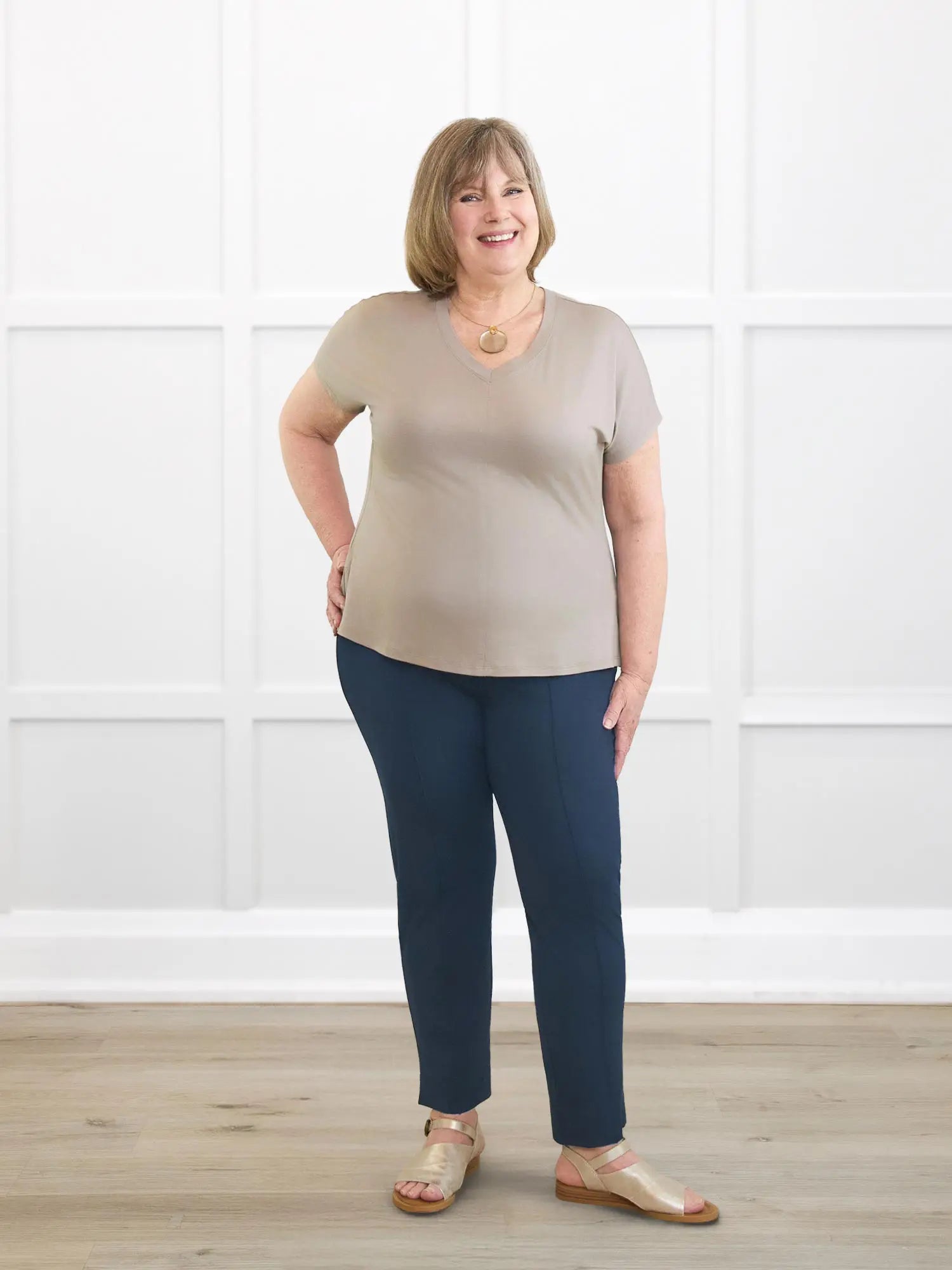 Zyla v neck dolman top for women in Portobello on model Laurie, size XL @Laurie-XL