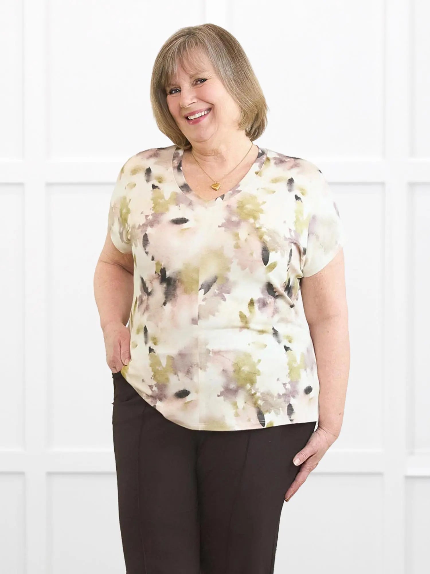 Zyla v neck dolman top for women in Rosewater on model Laurie, size XL @Laurie-XL