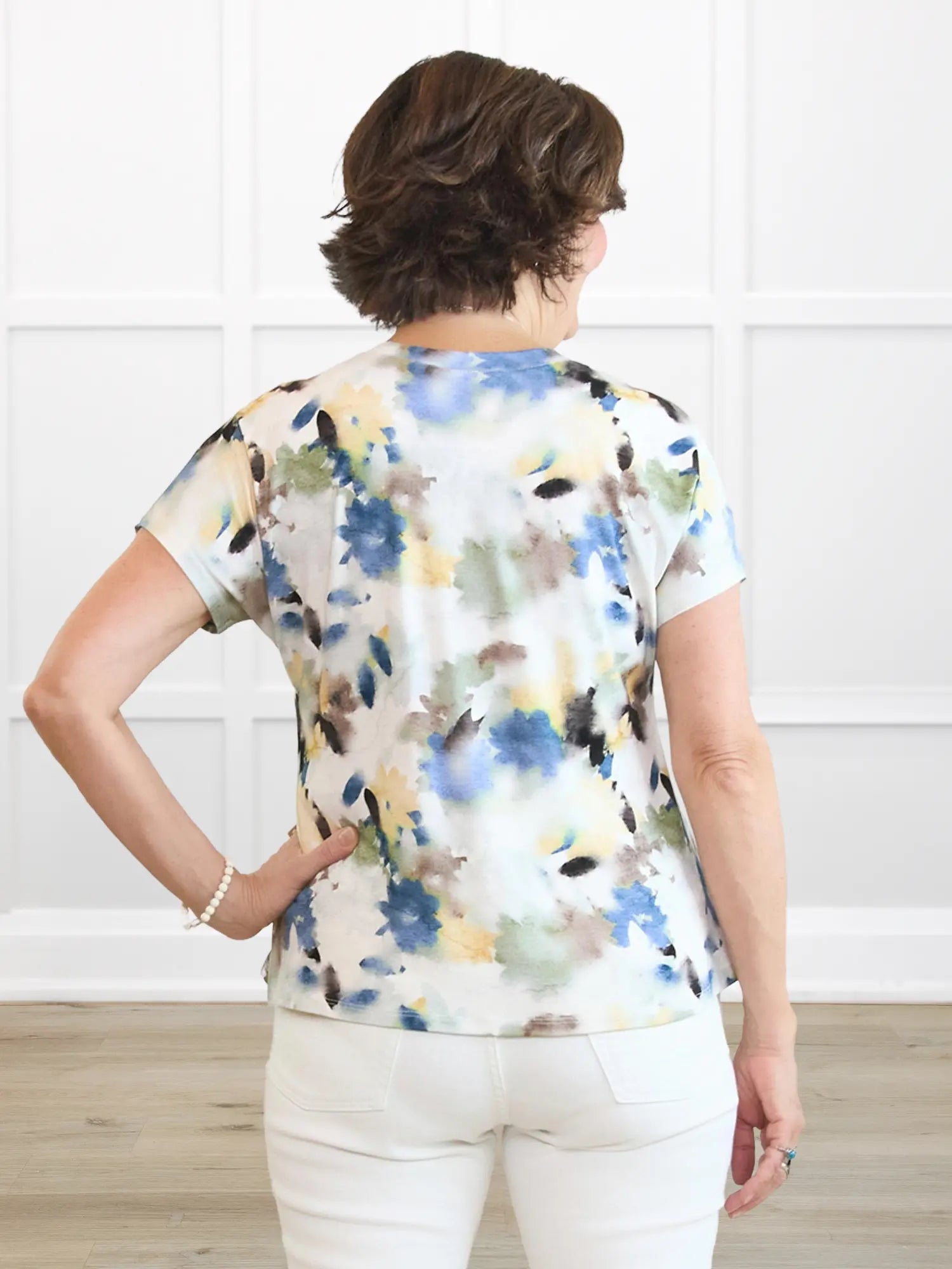 Zyla v neck dolman top for women in Morning dew on model Donna, size S @Donna-S