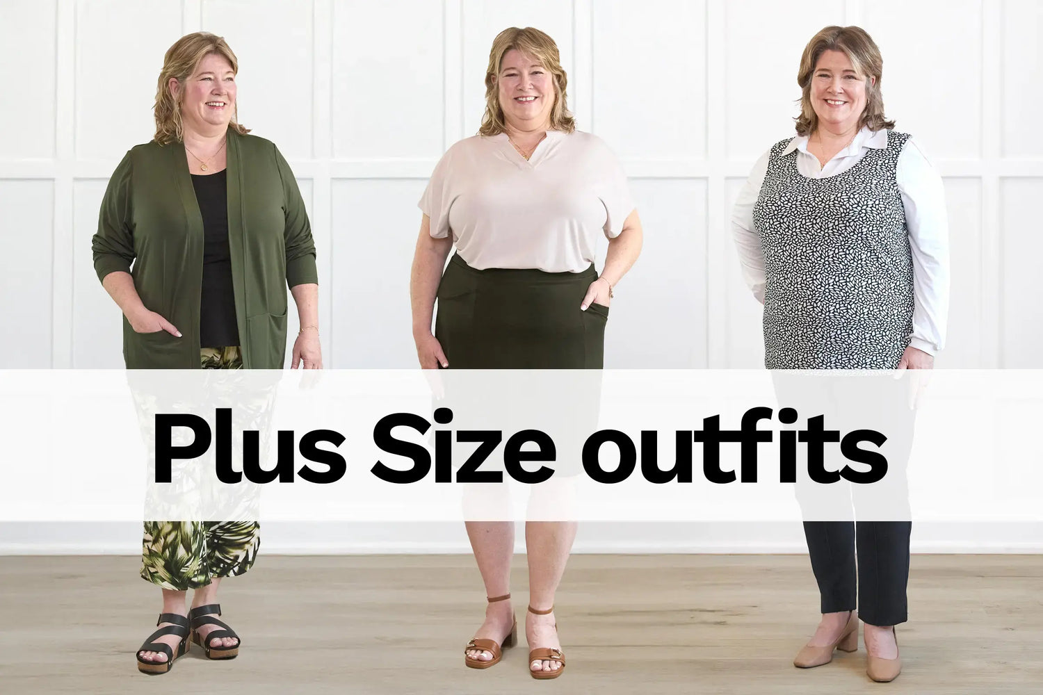 Three women standing wearing Miik's plus size clothing