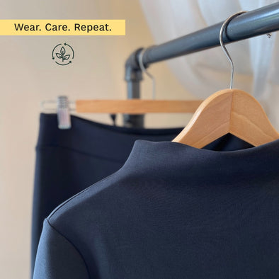 Miik clothing hanging with the title: "Wear. Care. Repeat"