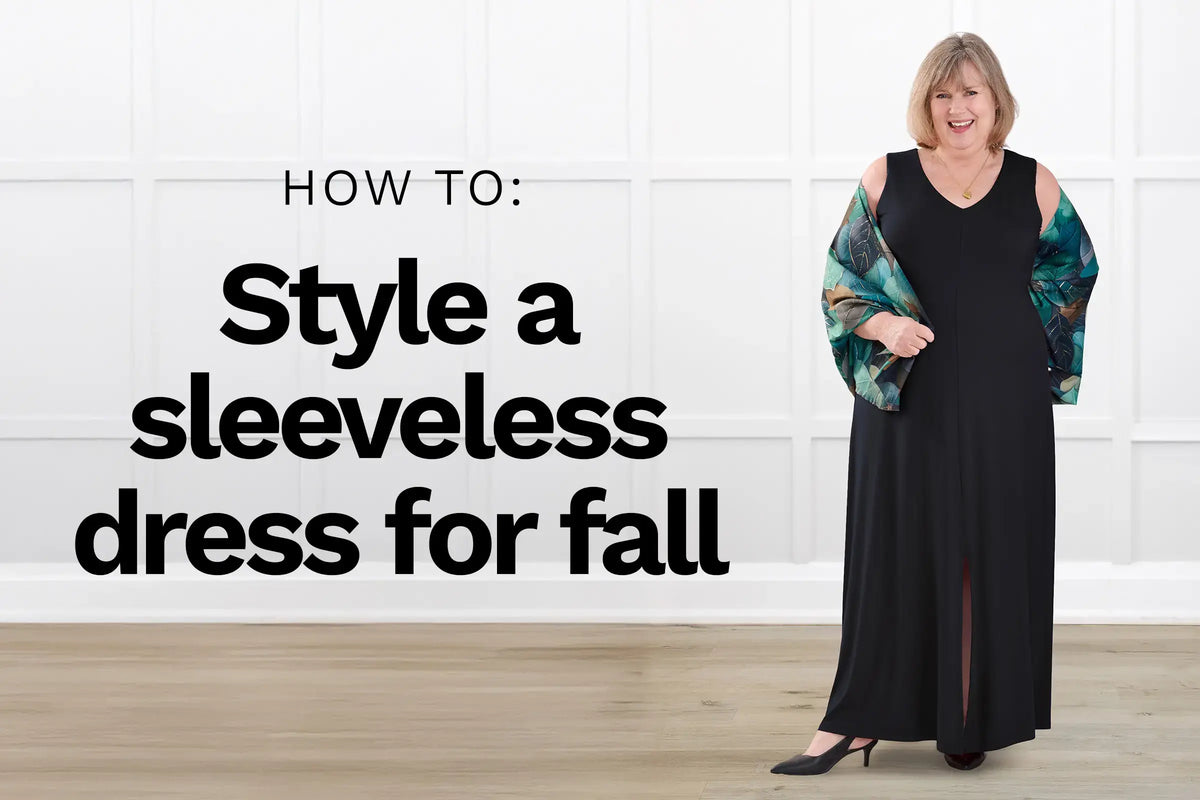 Woman wearing a Miik dress with text overlay: How to style a sleeveless dress for fall