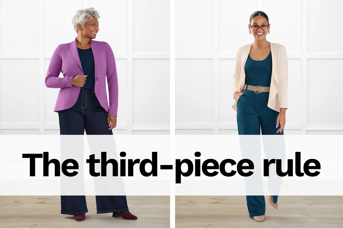Two side by side images of women wearing Miik cardigan and blazer with text overlay: The third-piece rule