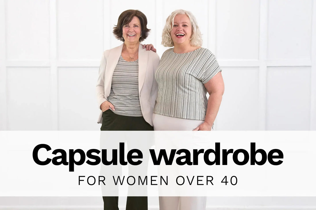 Two women standing wearing Miik with text overlay: Capsule Wardrobe for women over 40