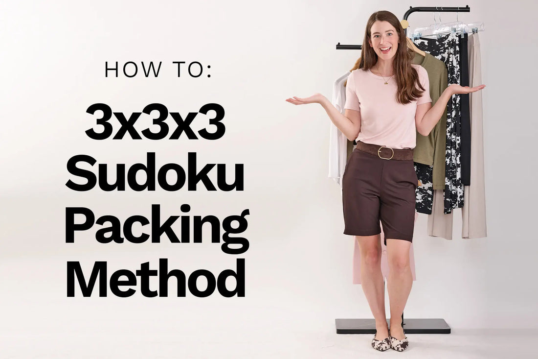 Image of woman standing in front of Miik clothes with text overlay: How to 3x3x3 sudoku packing method
