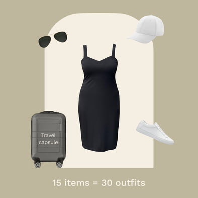 A graphic of a dress off figure with sunglasses, white shoes, white hat and carry on around it