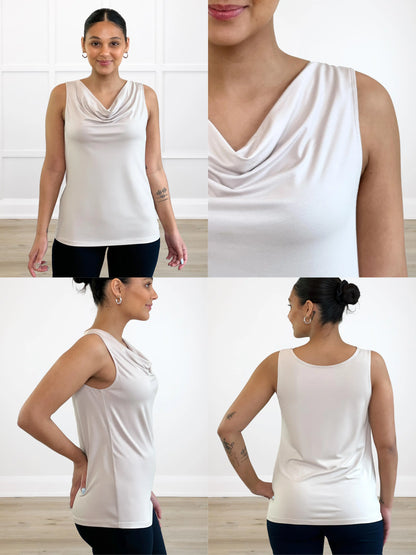 4 images showing the detail of Ada reversible draped cowl neck tank 