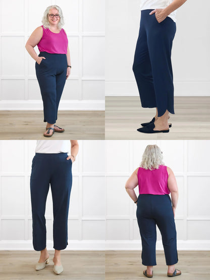 4 images showing the detail of Akira tulip hem capri pant 