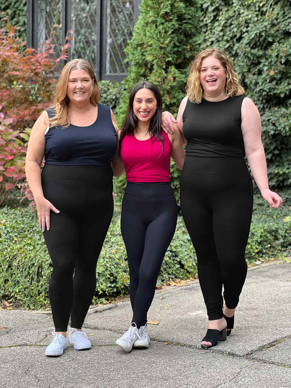 Miik models Kelly, Yasmine and Bri standing next to each other smiling showing diversity by different body types and sizes by wearing same Miik styles 