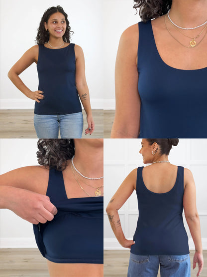 4 images showing the detail of Amina reversible neckline shelf bra tank 