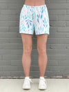 Close up of Miik's Amita PJ lounge set in blue leaf pattern