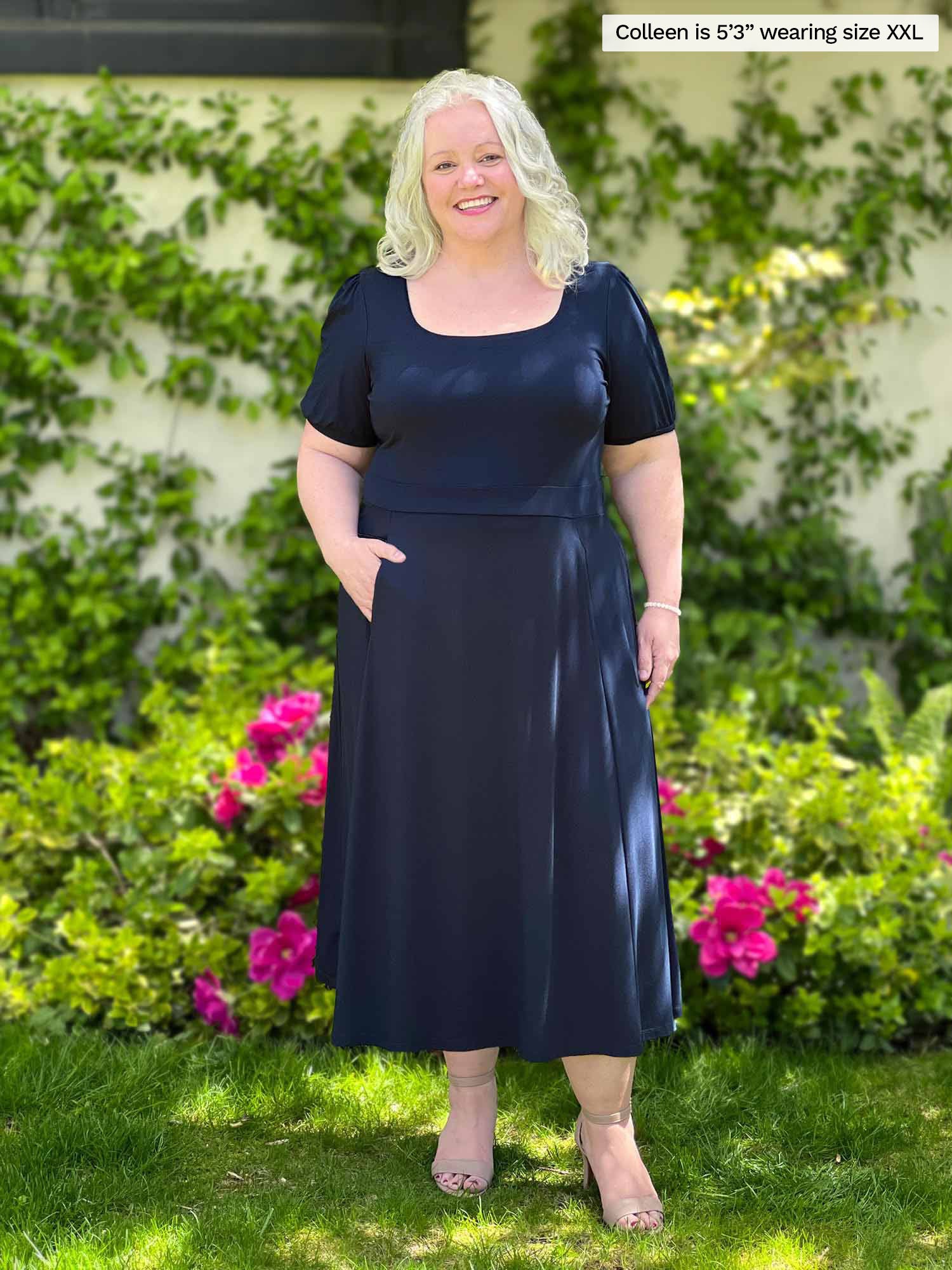 Anika puff sleeve square neck midi dress Sustainable women s clothing made in Canada Miik navy large