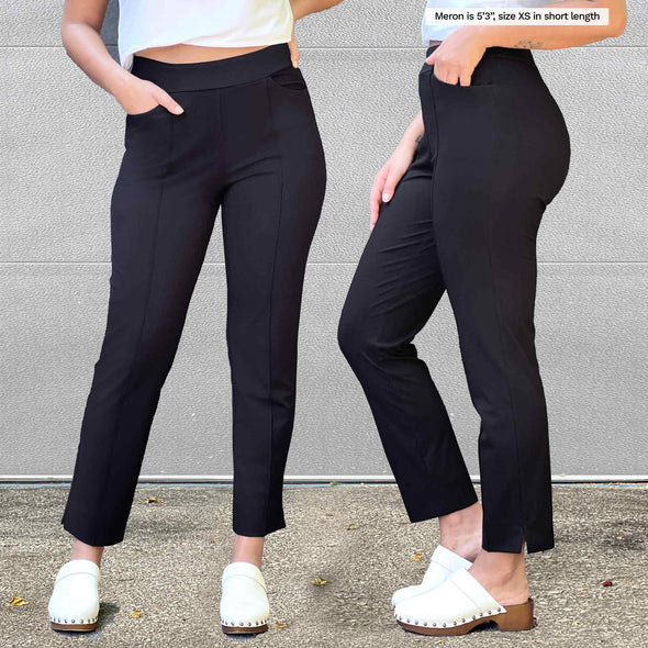 Close up of Miik's Christal pull-on pintuck ankle pant in short length in black in front and side view shown on a 5'3" XS model.