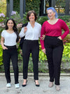 Three women of different height wearing Miik's Christal pull-on pintuck ankle pant in short, regular and tall length.